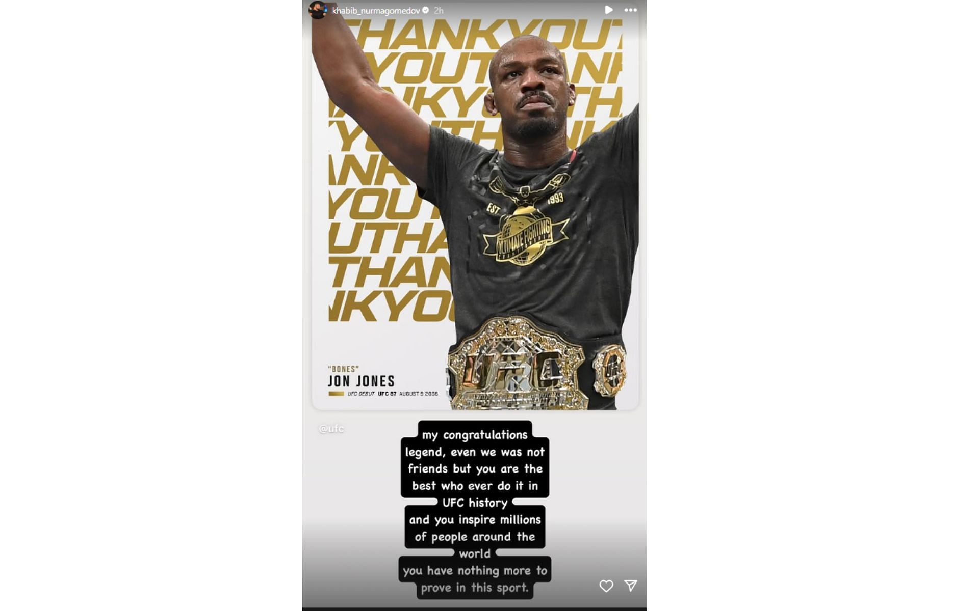 Screenshot of Khabib Nurmagomedov's Instagram story about Jon Jones' retirement